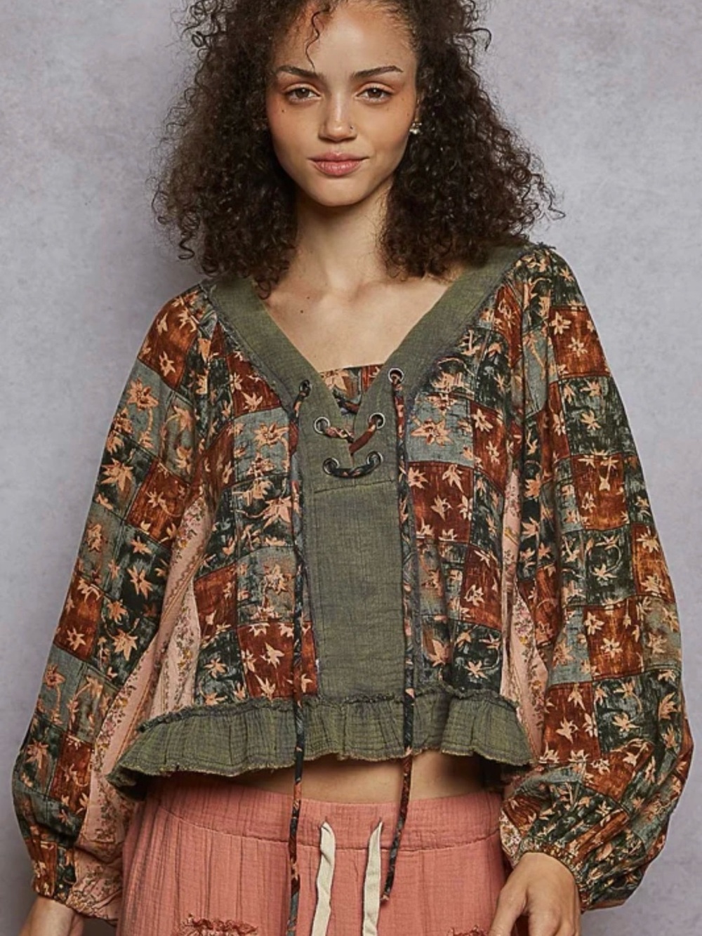 POL Patchwork Lace-Up Peasant Tunic with Rust and Gray trim - Picture 6 of 8